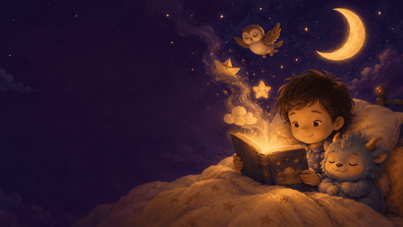 A child reading a gently glowing storybook under a crescent moon, with a sleepy owl and a friendly little creature — a cozy Wonderbin bedtime scene.